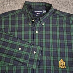 Ralph Lauren Sport Plaid Button Down Shirt Mens XL Crest Logo Green Lightweight